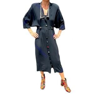 Vintage 80s Zoe Button-Up Collared Dolman Sleeve Midi Dress